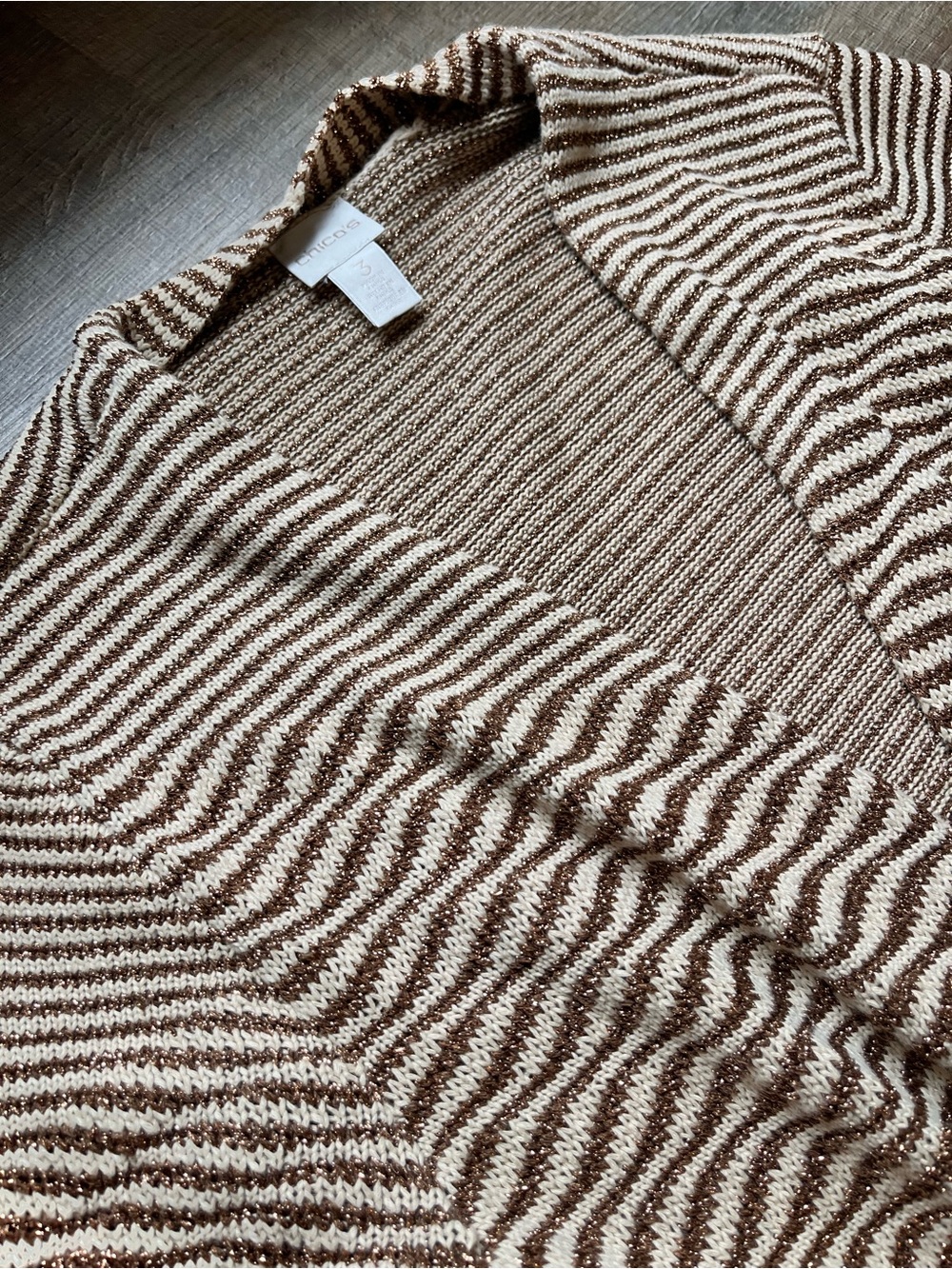 Chicos Cardigan duster Sz 3 (XL) Open Front Gold Cream Striped Shimmer